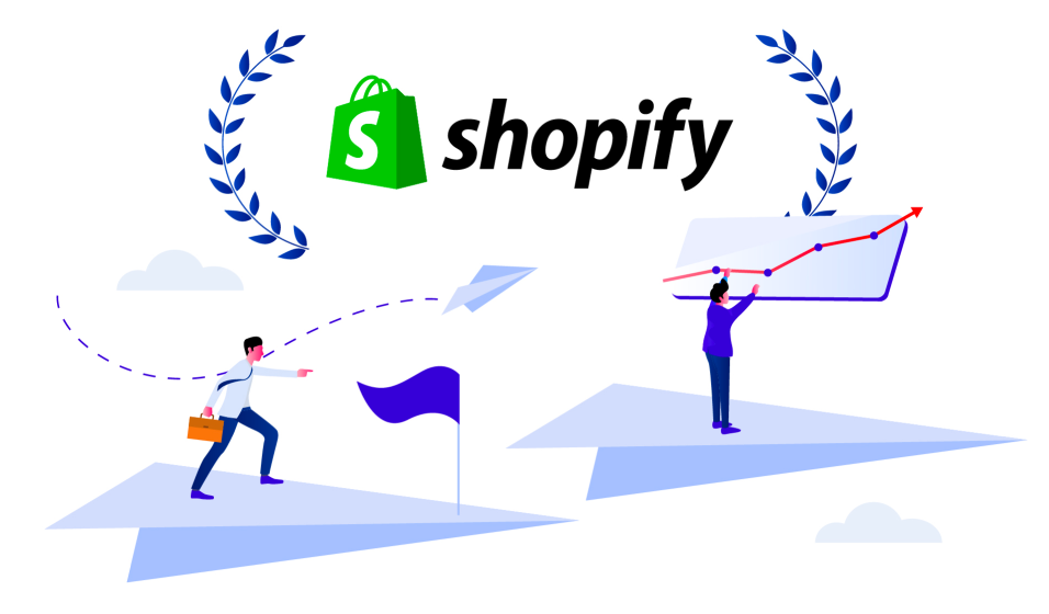 Shopifyロゴと紙飛行機のイラスト